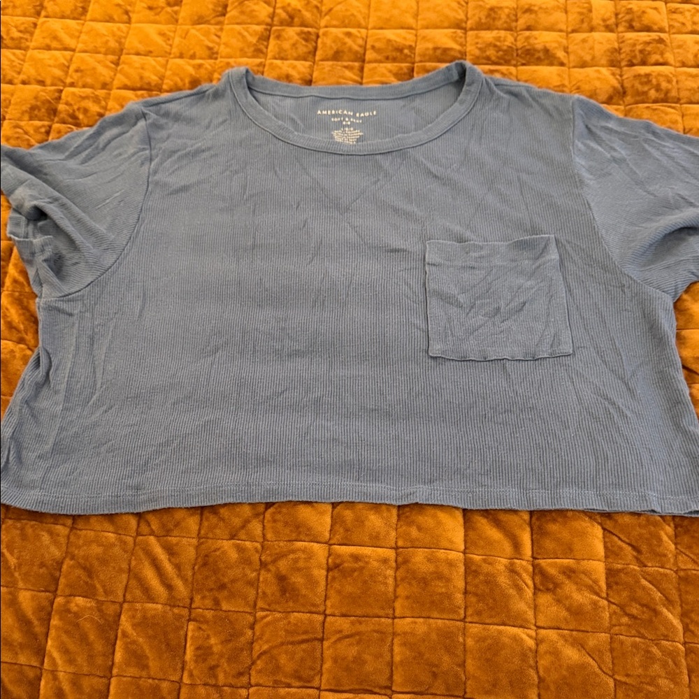 American Eagle Outfitters Light Blue Ribbed Crop Tee with Pocket